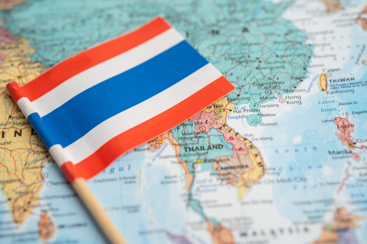 Bangkok, Thailand - December 7, 2021 Thailand Flag on World Map